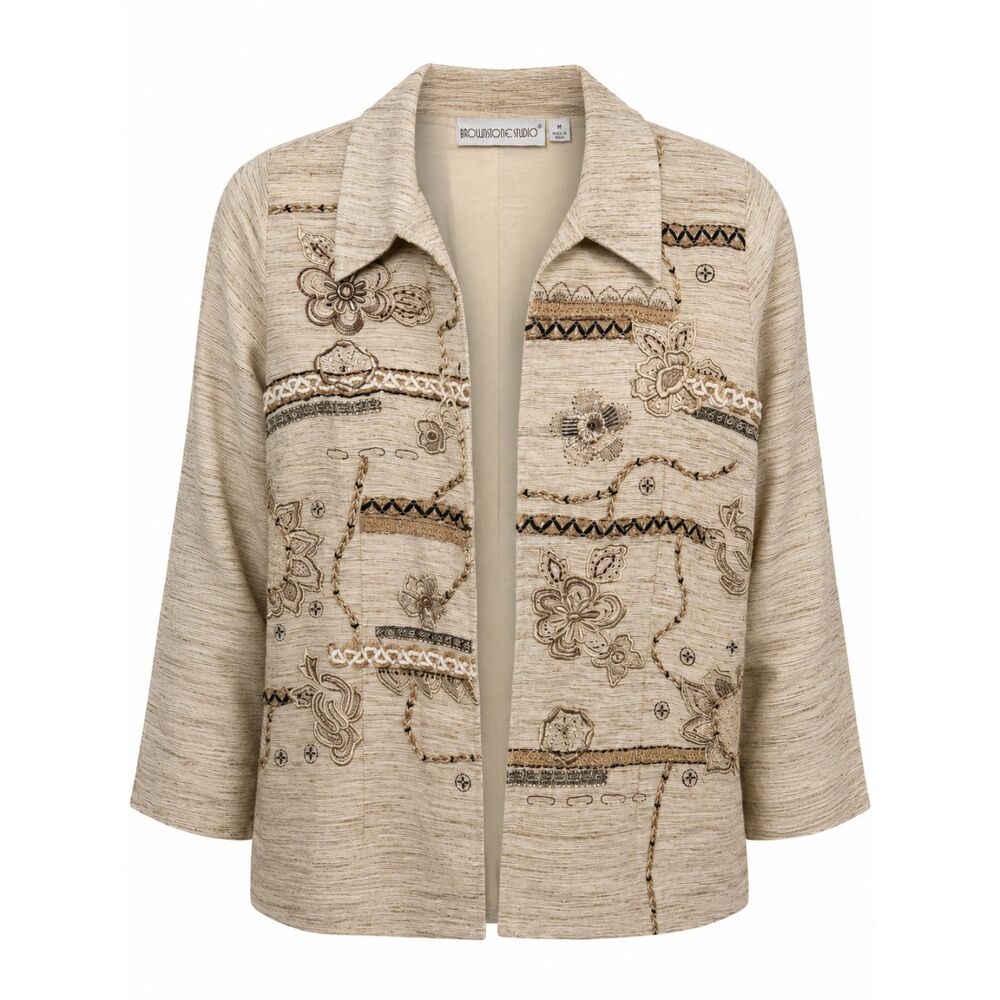 Brownstone Studio Embroidered Beige Open Front Jacket Size M Boho Floral